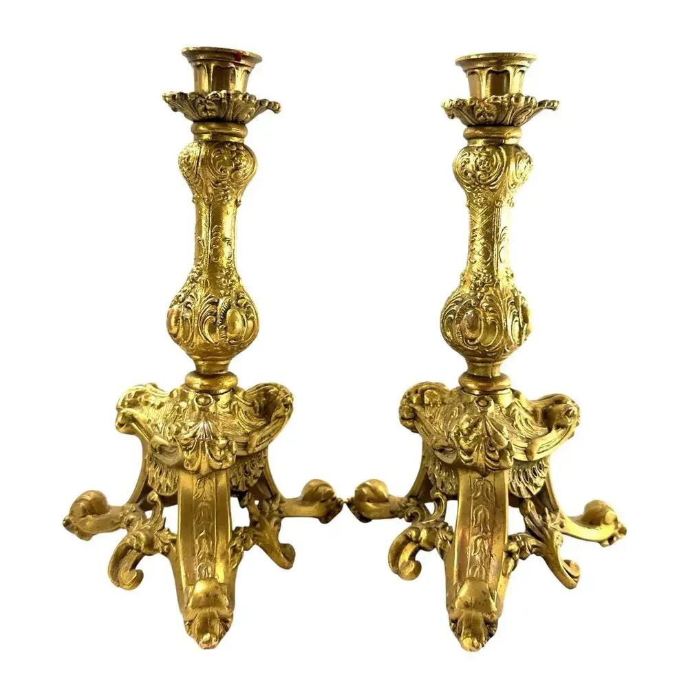 Vintage BWM Co Gold Tone Rococo Candlestick Holders Pair 10.25” Baroque 1002